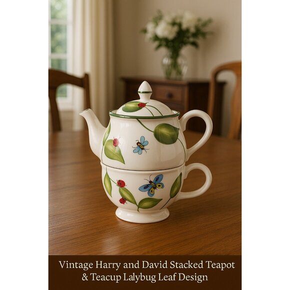 Vintage Harry and David Stacked Teapot & Teacup Ladybug Leaf Design Ceramic - Picture 8 of 8
